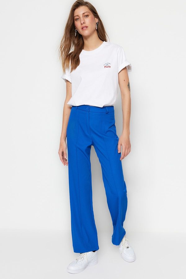 Trendyol Trendyol Saxe Blues Straight High Waist Ribbed Stitched Woven Trousers