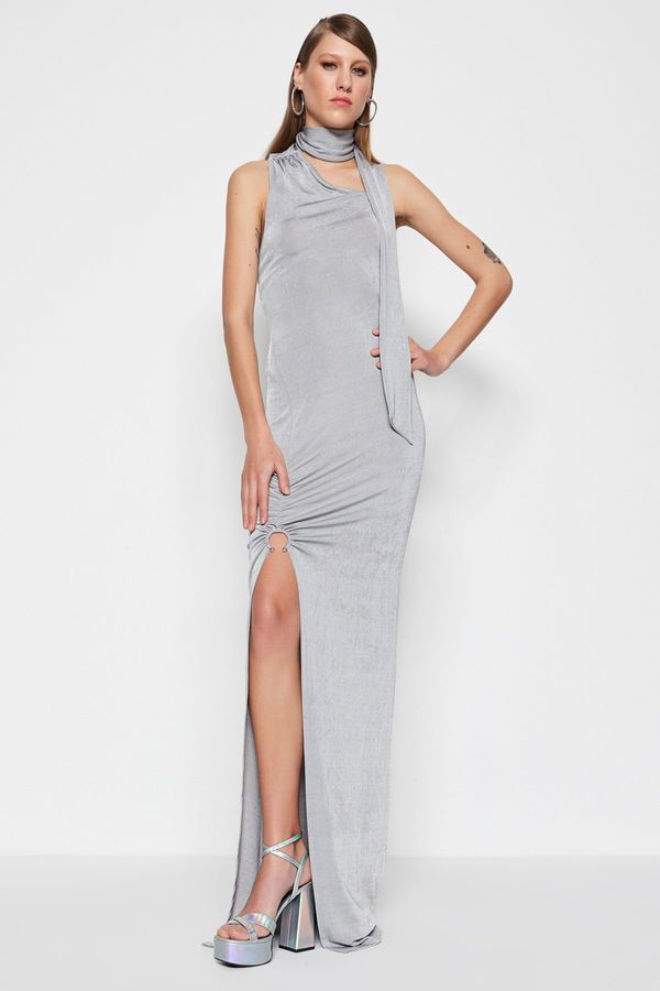 Trendyol Trendyol Silver Knitted Shiny Accessory Long Evening Evening Dress