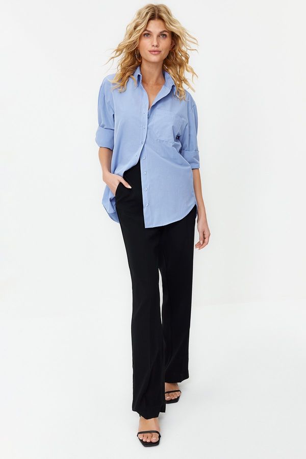 Trendyol Trendyol Sky Blue Single Pocket Boyfriend Woven Cotton Shirt