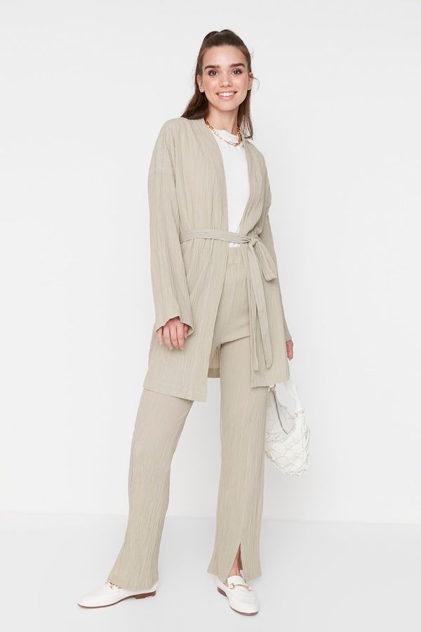 Trendyol Trendyol Stone-Belted Kimono with Slit Detailed Legs and Trousers, Woven Set