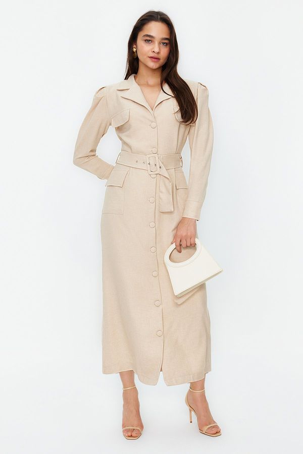 Trendyol Trendyol Stone Belted Linen Look Woven Shirt Dress