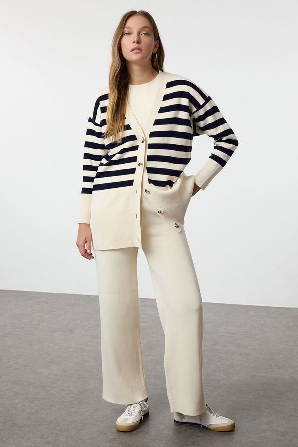 Trendyol Trendyol Stone Button Detailed Jacquard Striped Cardigan Trousers Knitwear Bottom-Top Set