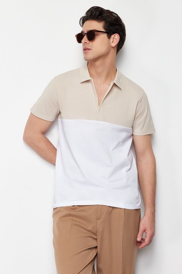 Trendyol Trendyol Stone Color Block Slim Fit Zippered 100% Cotton Polo Neck T-shirt
