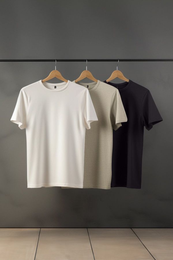 Trendyol Trendyol Stone-Ecru-Anthracite Basic Slim/Narrow Cut 100% Cotton 3-Pack T-Shirt