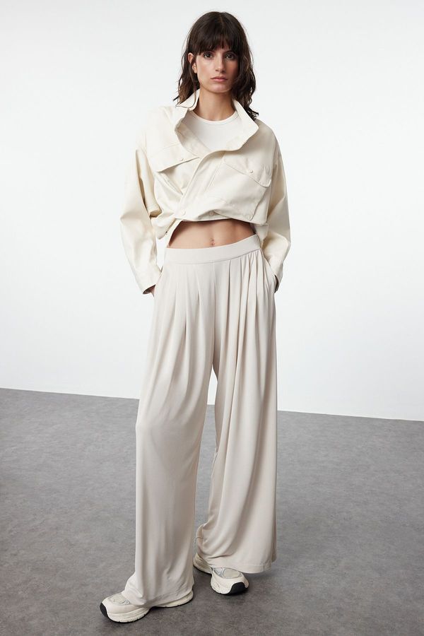 Trendyol Trendyol Stone Modal Soft Fabric Wide Leg Pleated Knitted Trousers