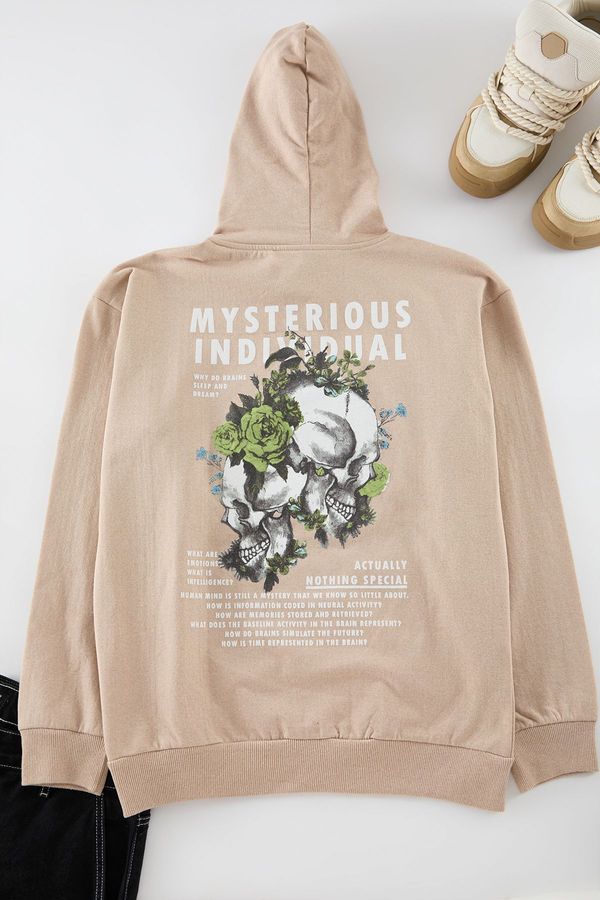 Trendyol Trendyol Stone Oversize/Wide Cut Hooded Floral Printed Fleece Inside Sweatshirt