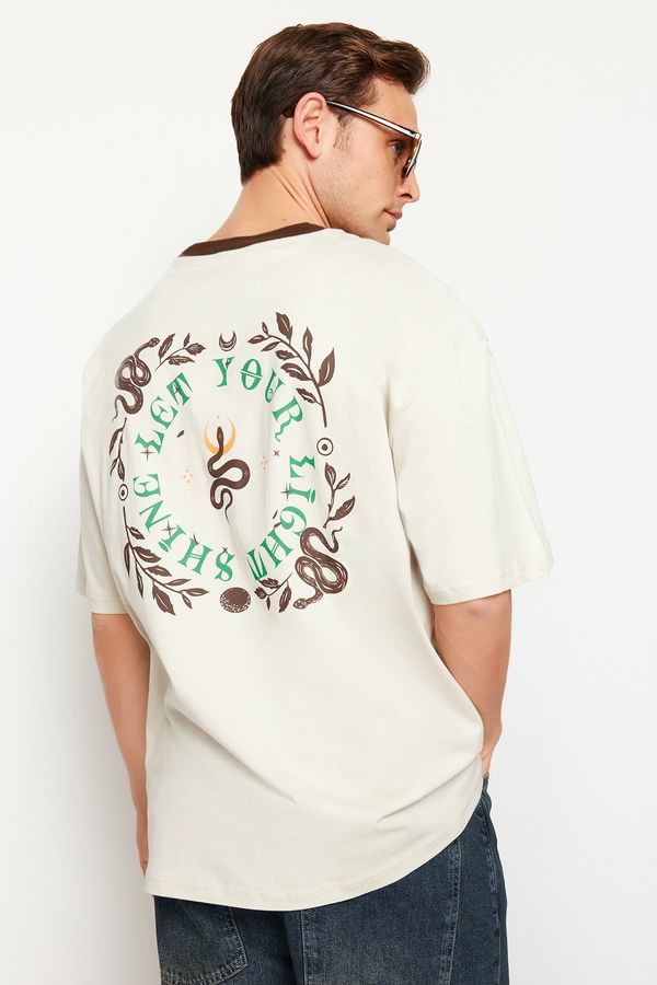 Trendyol Trendyol Stone Oversize/Wide Cut Mystic Printed Contrast Collar Rib 100% Cotton T-Shirt
