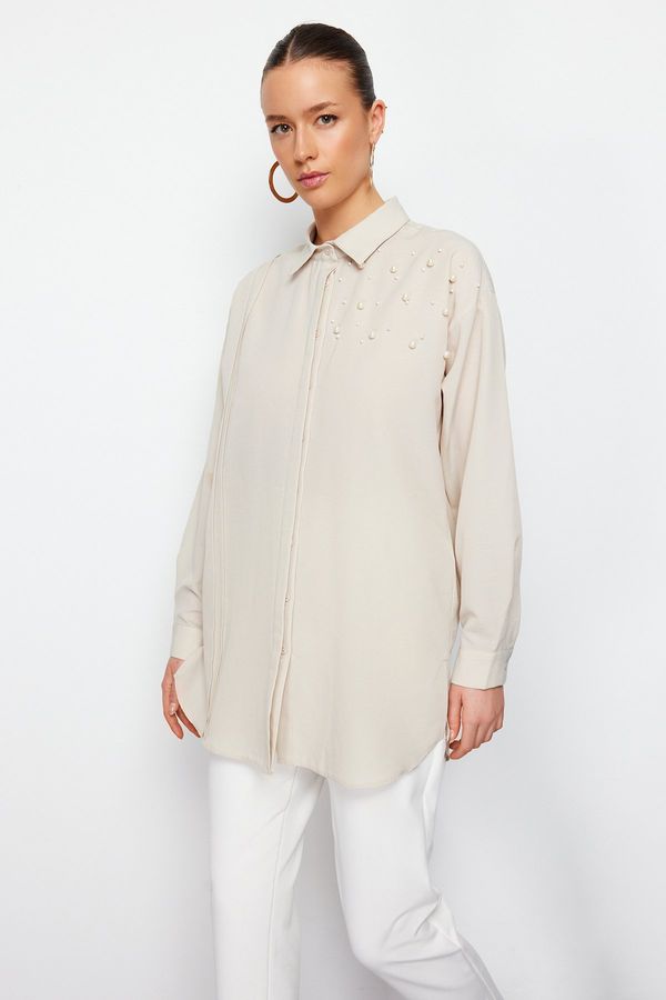 Trendyol Trendyol Stone Pearl Detailed Cotton Woven Shirt