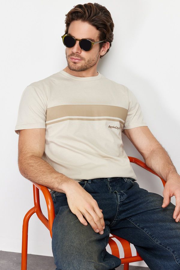 Trendyol Trendyol Stone Regular/Normal Cut Crew Neck Short Sleeve Striped Printed 100% Cotton T-shirt