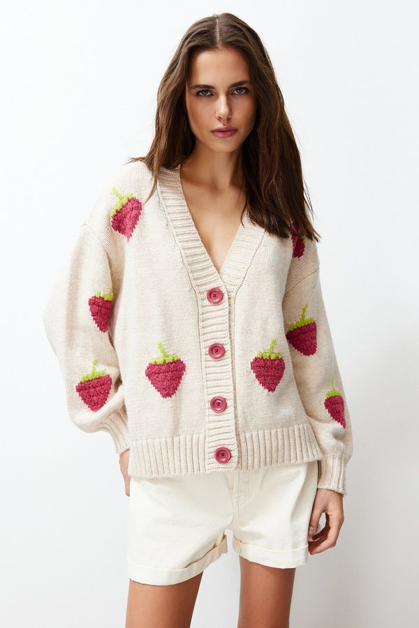 Trendyol Trendyol Stone Soft Texture Strawberry Embroidered Knitwear Cardigan