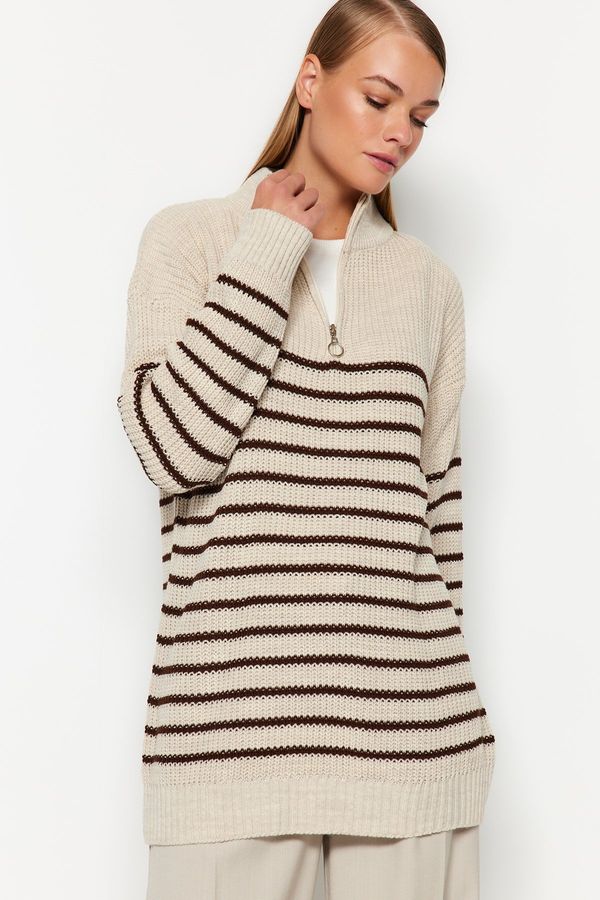 Trendyol Trendyol Stone Striped Zipper Detailed Knitwear Sweater