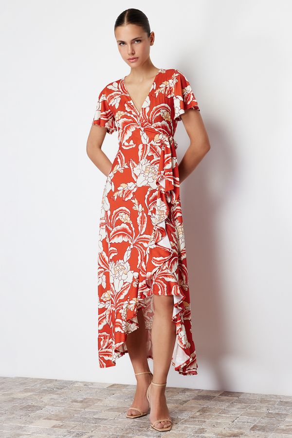 Trendyol Trendyol Tile Floral Printed Wrapped Belted Ruffled Short Sleeve Stretchy Knitted Midi Dress