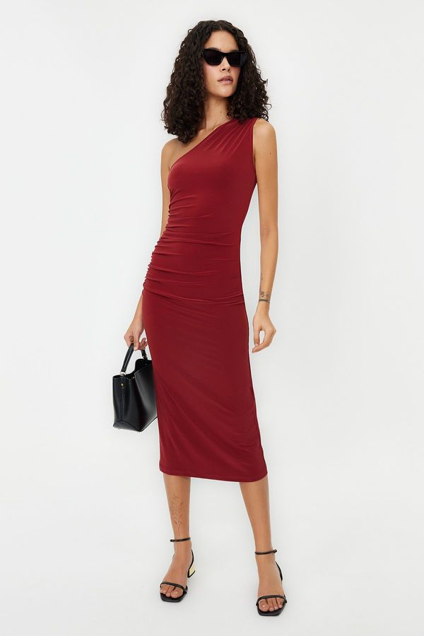 Trendyol Trendyol Tile One Shoulder Draped Fitted Stretchy Knitted Midi Pencil Dress
