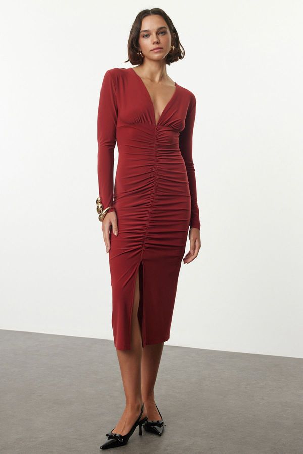 Trendyol Trendyol Tile Plain Gathered Midi Draped V Neck Fitted/Fits Body Elastic Midi Knit Dress