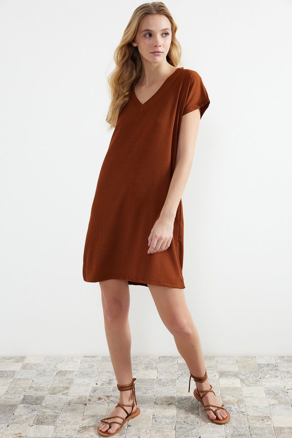 Trendyol Trendyol Tile Wrap/Textured V-Neck Shift/Plain Knitted Mini Dress