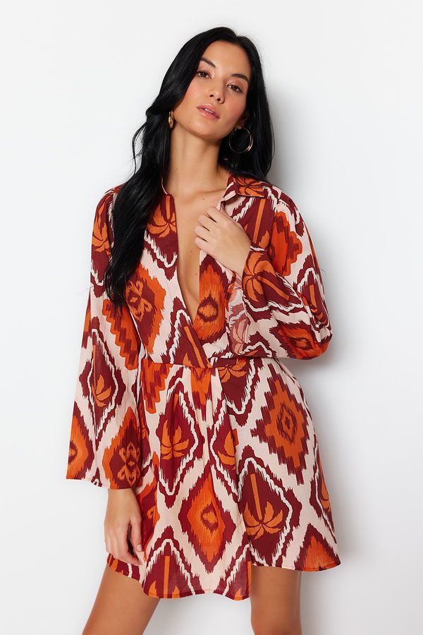 Trendyol Trendyol Tropical Pattern Mini Woven 100% Cotton Beach Dress