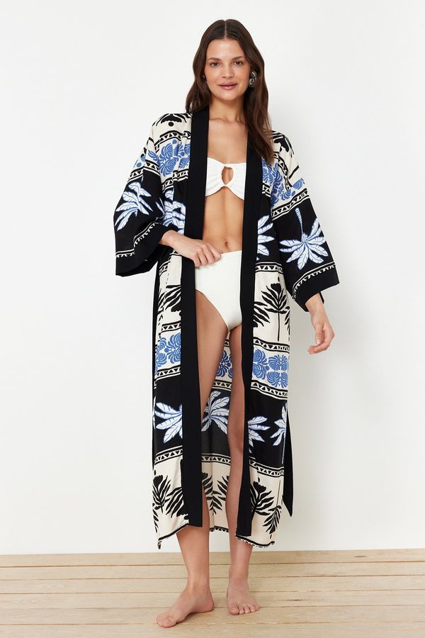 Trendyol Trendyol Tropical Patterned Belted Maxi Woven Kimono & Kaftan