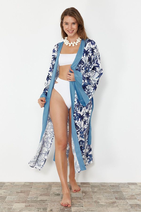 Trendyol Trendyol Tropical Patterned Belted Maxi Woven Kimono &amp; Kaftan