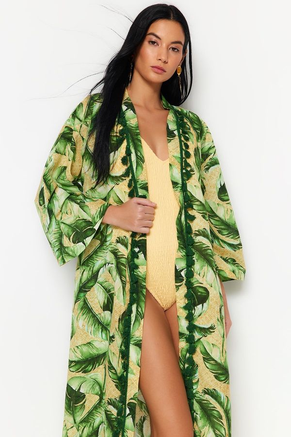 Trendyol Trendyol Tropical Patterned Belted Midi Woven Kimono & Kaftan 100% Cotton with Tassels