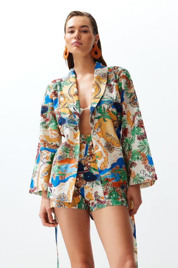 Trendyol Trendyol Tropical Patterned Belted Woven 100% Cotton Kimono Shorts Set