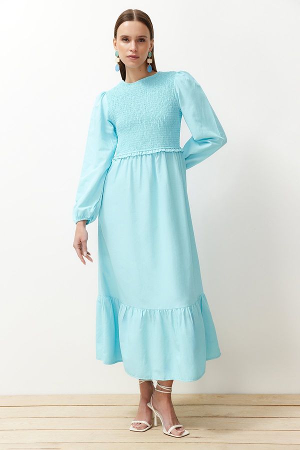 Trendyol Trendyol Turquoise Gipe Detailed Crew Neck Woven Dress