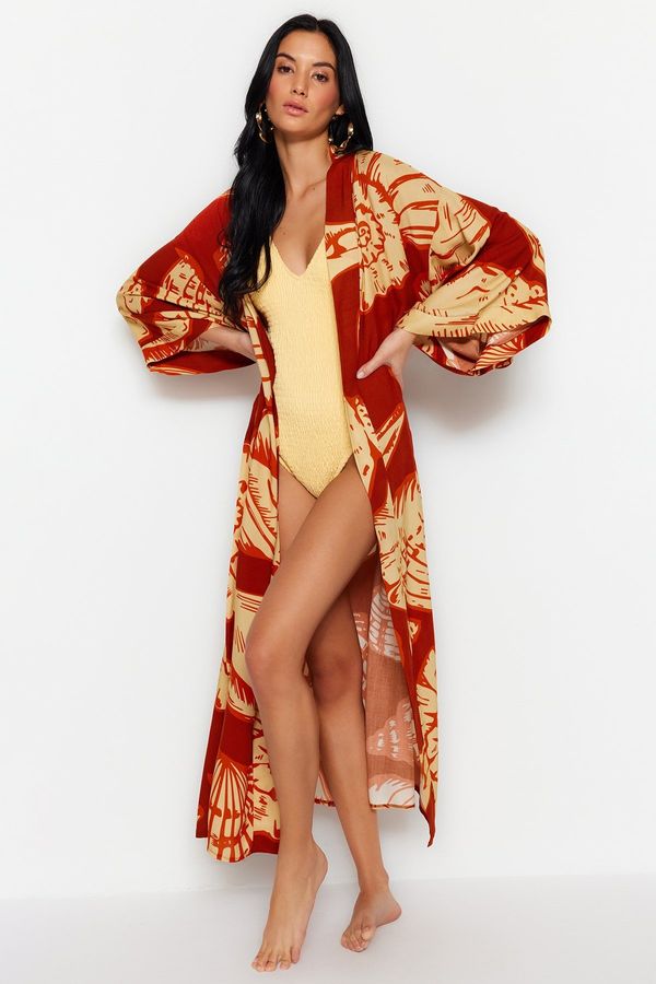 Trendyol Trendyol Underwater Patterned Belted Maxi Woven 100% Cotton Kimono & Kaftan