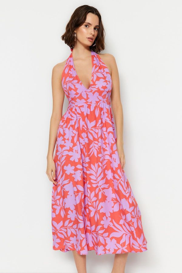 Trendyol Trendyol Underwater Patterned Maxi Woven Decollete Decollete Beach Dress
