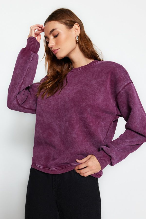 Trendyol Trendyol Violet Antiqued/Faded Effect Thicker Fleece Inside Oversized/Wide Knitted Sweatshirt