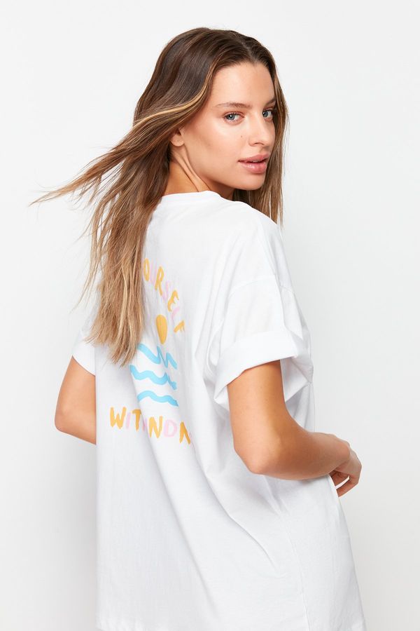 Trendyol Trendyol White 100% Cotton Back and Chest Printed Oversize/Casual Cut Knitted T-Shirt