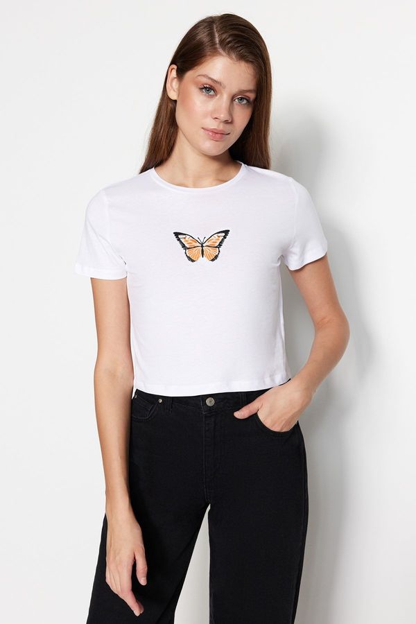 Trendyol Trendyol White 100% Cotton Butterfly Embroidered Crop Crew Neck Knitted T-Shirt