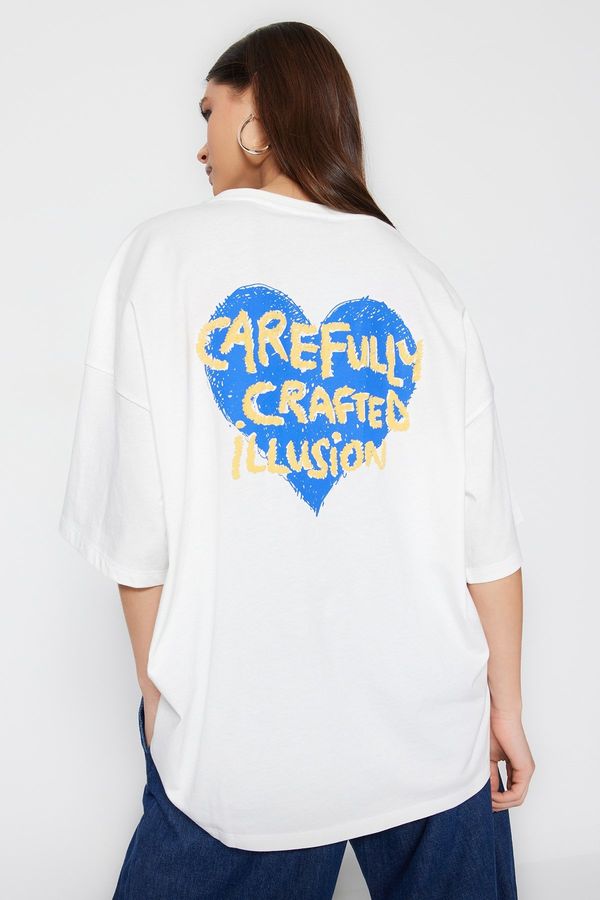 Trendyol Trendyol White 100% Cotton Front and Back Embossed Printed Oversize/Wide Pattern Knitted T-Shirt