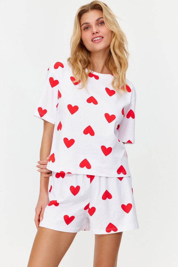 Trendyol Trendyol White 100% Cotton Heart Knitted Pajama Set
