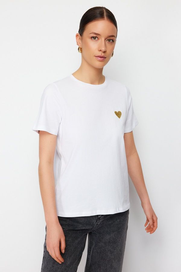 Trendyol Trendyol White 100% Cotton Leaf/Glossy Heart Embroidery Regular/Normal Fit Knitted T-Shirt