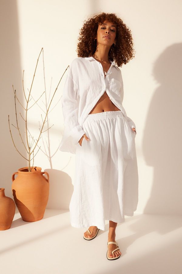 Trendyol Trendyol White 100% Linen Elastic Waist Midi Skirt