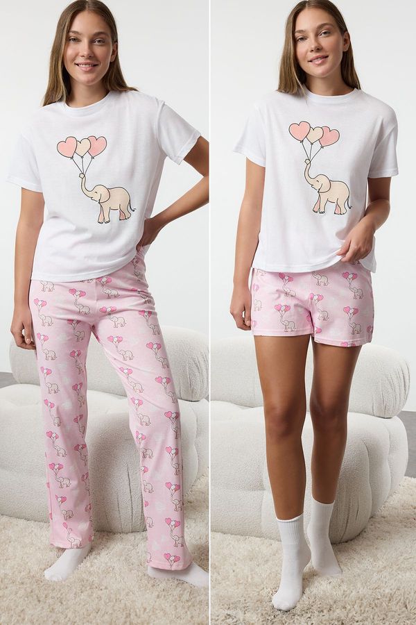 Trendyol Trendyol White 3-Pack 100% Cotton Elephant and Heart Patterned Knitted Pajama Set