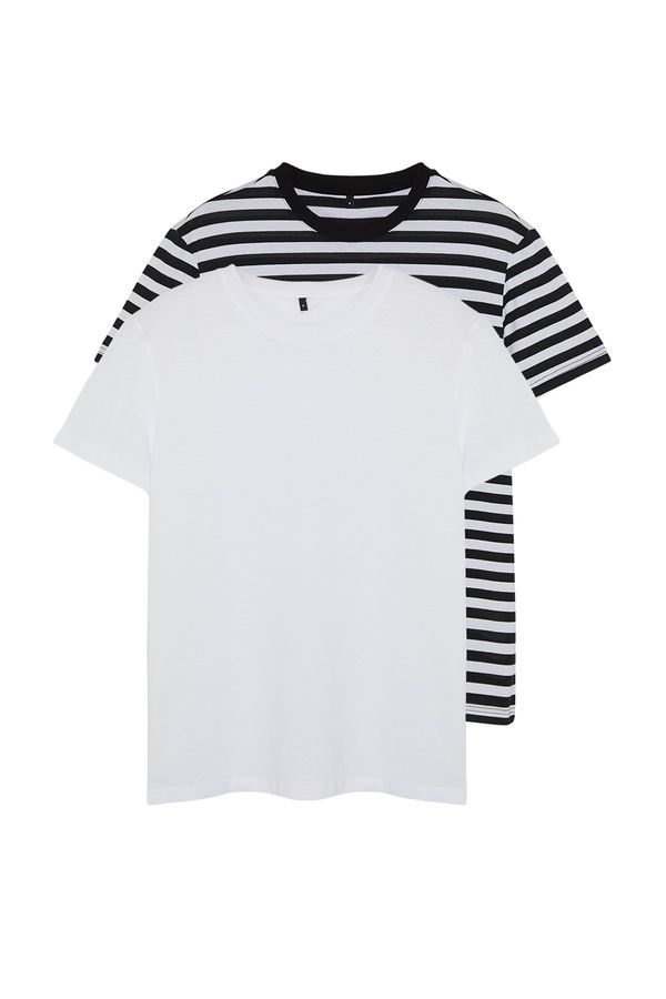 Trendyol Trendyol White-Black Striped Basic Regular/Normal Fit 2-Pack Short Sleeve T-Shirt