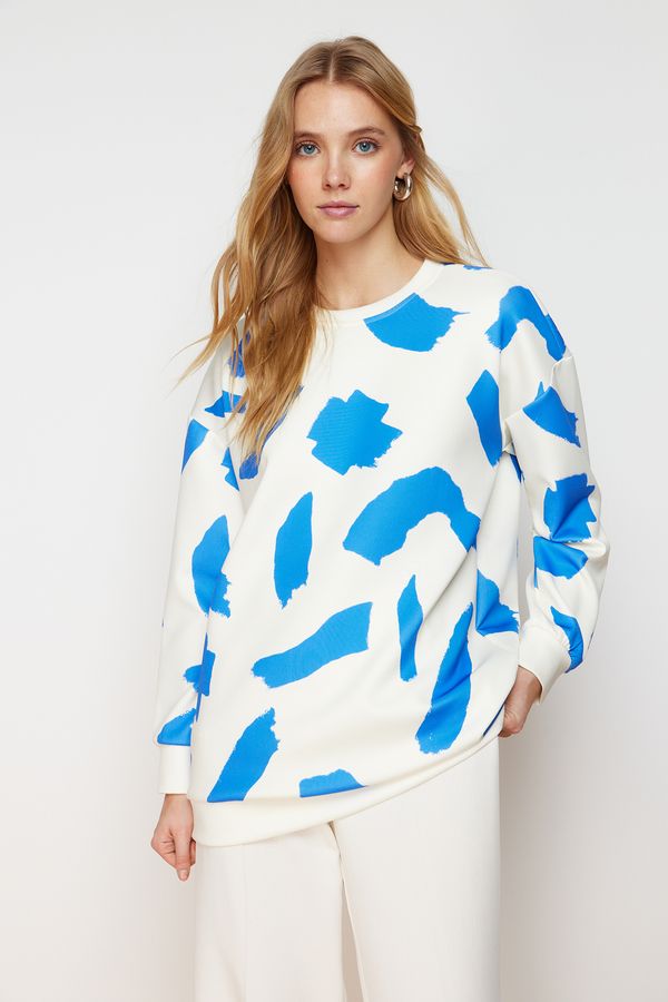 Trendyol Trendyol White-Blue Patterned Crew Neck Scuba Knitted Sweatshirt