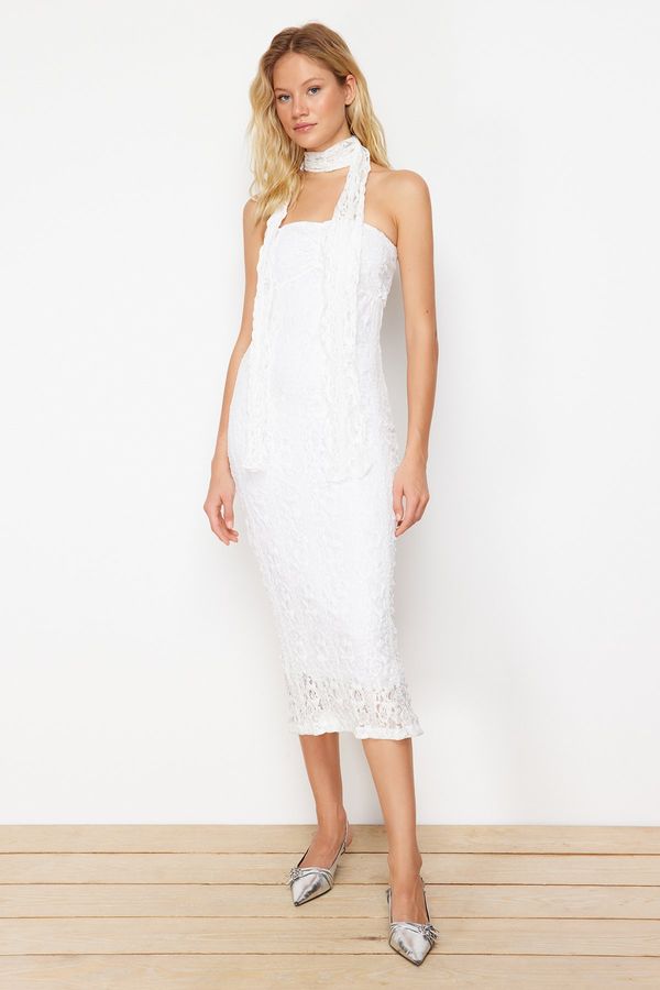 Trendyol Trendyol White Lace Fitted Stretchy Knitted Midi Pencil Dress