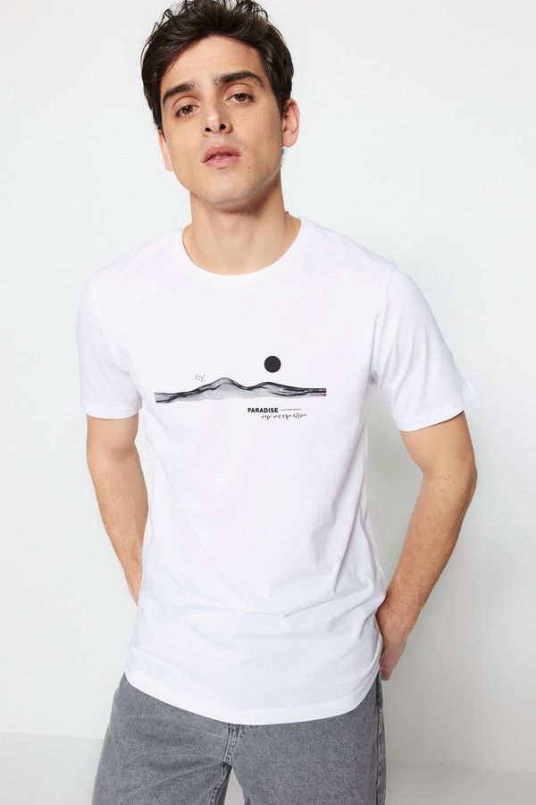 Trendyol Trendyol White Men's Slim Crew Neck Short Sleeve Text Printed 100% Cotton T-Shirt
