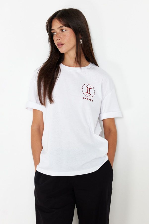 Trendyol Trendyol White More Sustainable 100% Cotton Bushing Embroidery Relaxed/Comfortable Fit Knitted T-Shirt