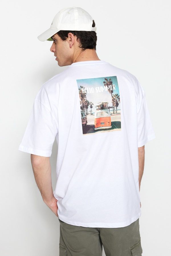 Trendyol Trendyol White Oversize/Wide Cut Landscape Printed Short Sleeve 100% Cotton T-Shirt