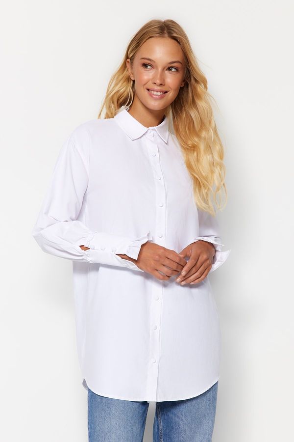 Trendyol Trendyol White Ruffle Detail Cotton Woven Shirt