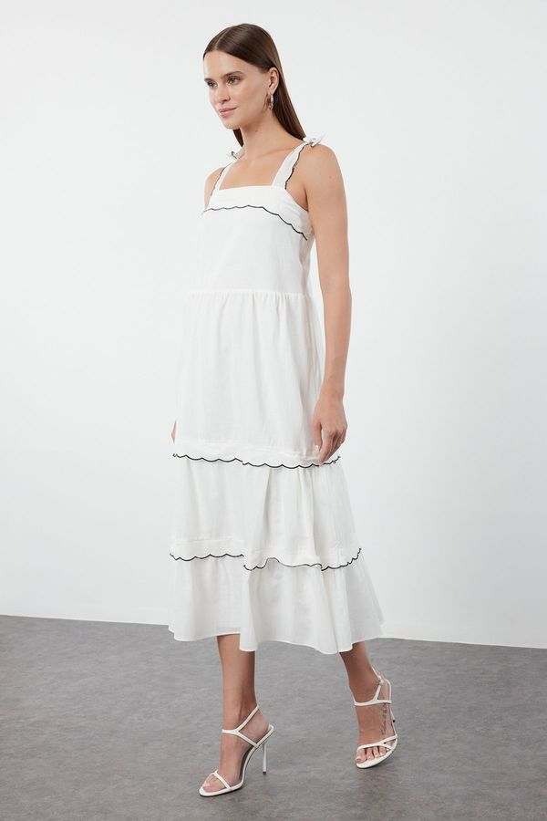 Trendyol Trendyol White Skirt Flounced Sewing Detailed 100% Cotton Midi Woven Dress