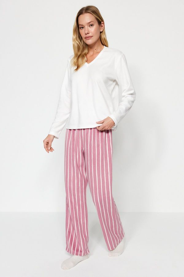 Trendyol Trendyol White Striped Fleece Tshirt-Pants Knitted Pajamas Set