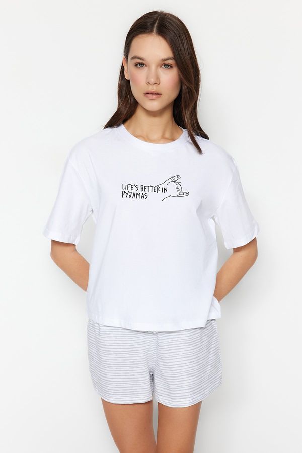 Trendyol Trendyol White Striped Slogan Printed Cotton T-shirt-Shorts Knitted Pajama Set