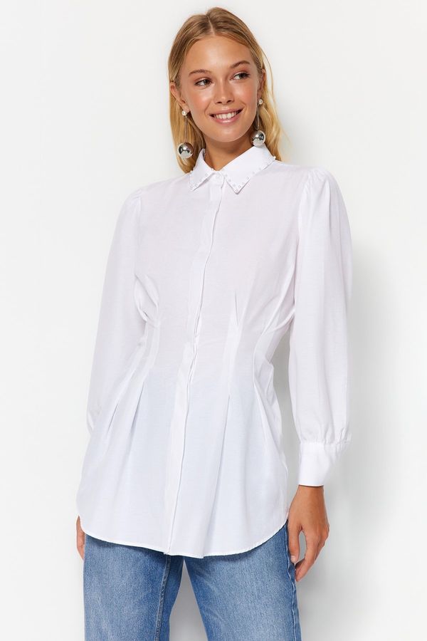 Trendyol Trendyol White Waist Fitted Pearl Detail Woven Shirt