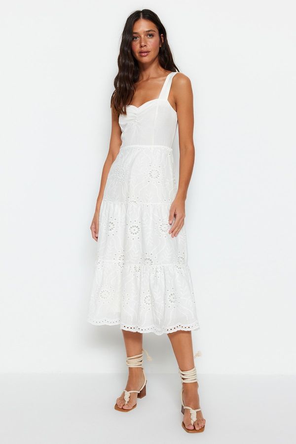 Trendyol Trendyol White Waist Opening Midi Lined Embroidery Woven Dress