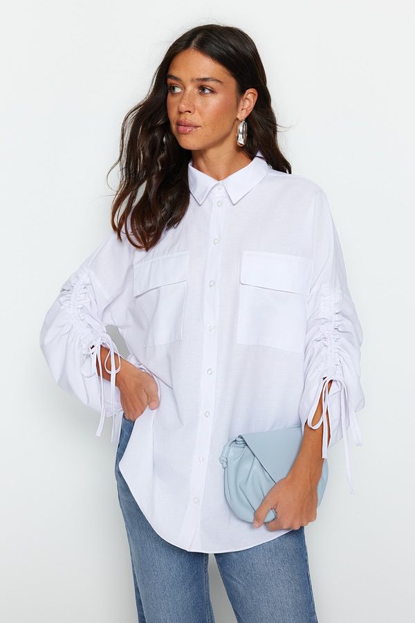 Trendyol Trendyol White With Adjustable Shirring Sleeves, Woven Cotton Shirts