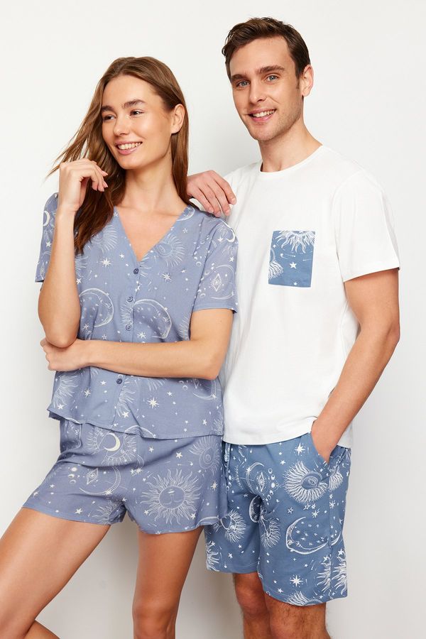 Trendyol Trendyol Women's Couple/Pair Blue Galaxy Pattern Viscose Woven Pajamas Set