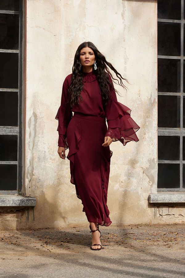 Trendyol Trendyol X Artificial Intelligence Burgundy Ruffle Sleeve Chiffon Tunic